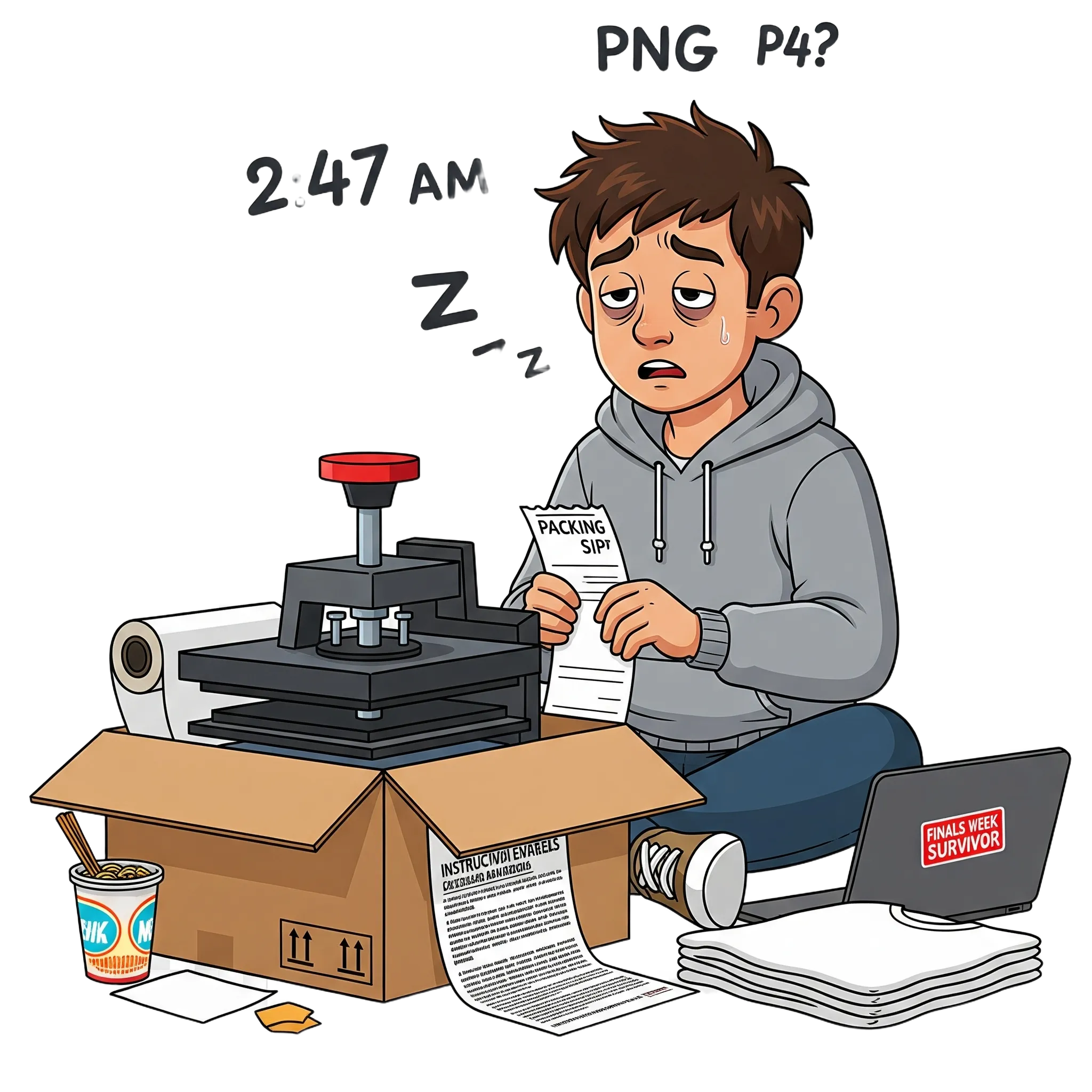 Three days later, a package showed up.
Inside: a second-hand heat press, a roll of transfer paper, blank t-shirts, and instructions — in Spanish.No meaning. No grand idea. Just a dumb click.
But once it showed up, I was stuck with it.