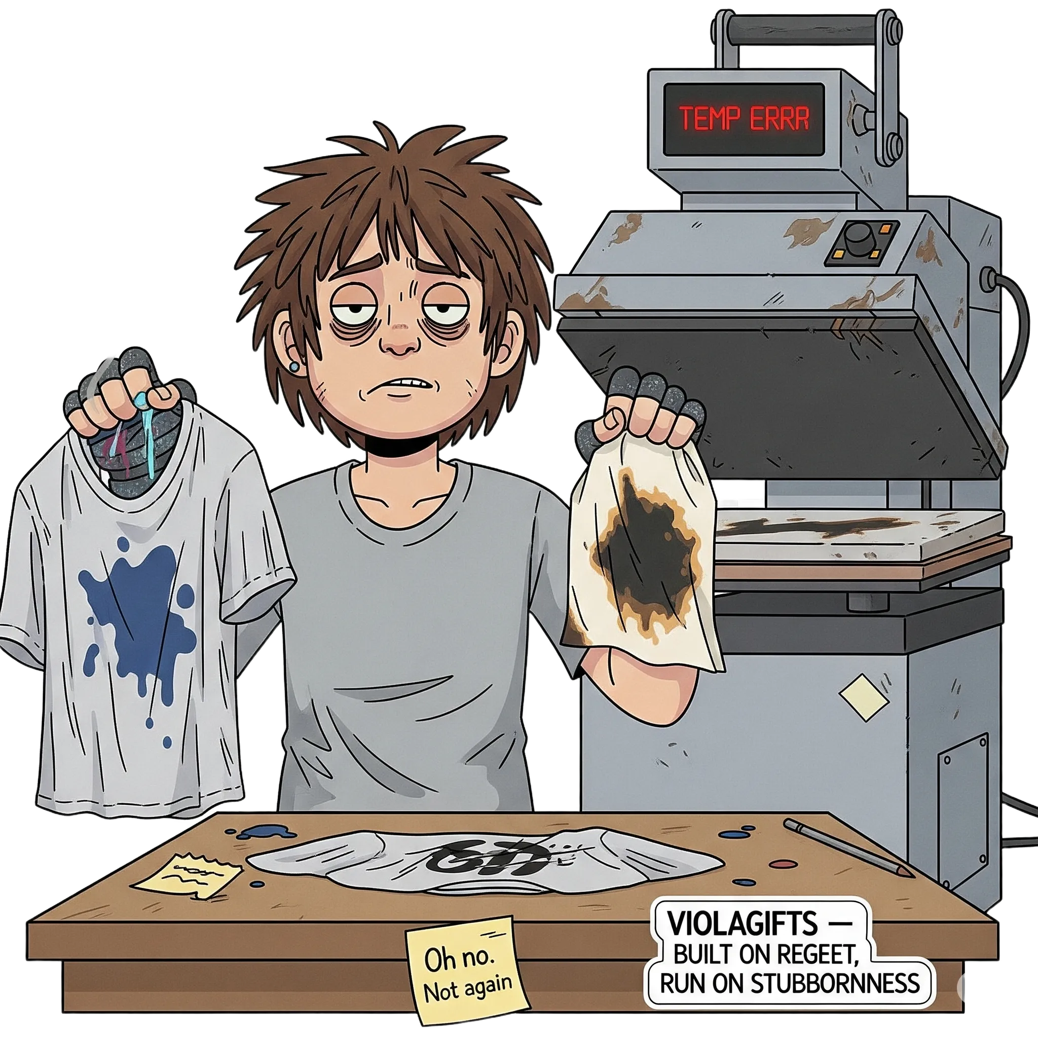 Violagifts is a t-shirt brand built on poor judgment and relentless corrections.
Started with a misclick. Grew through trial, error, smoke, and sarcasm.We don’t sell perfect shirts.
We sell the ones that made it past the fire.