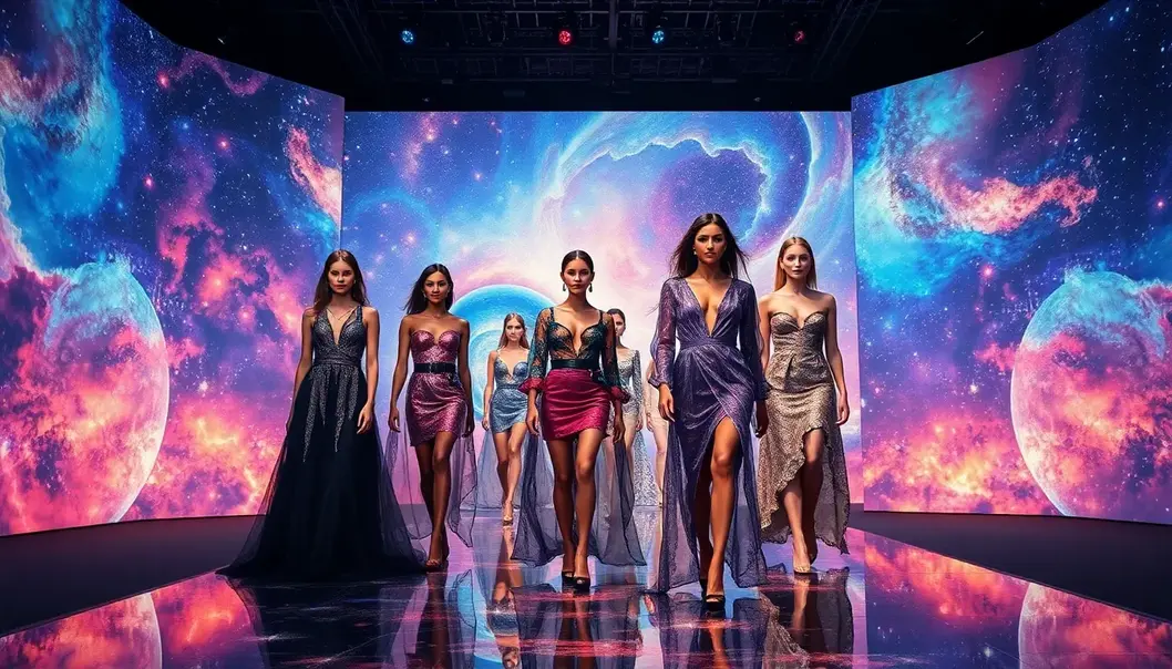 Models on a runway dressed in celestial-themed attire with galaxy patterns and nebula designs.