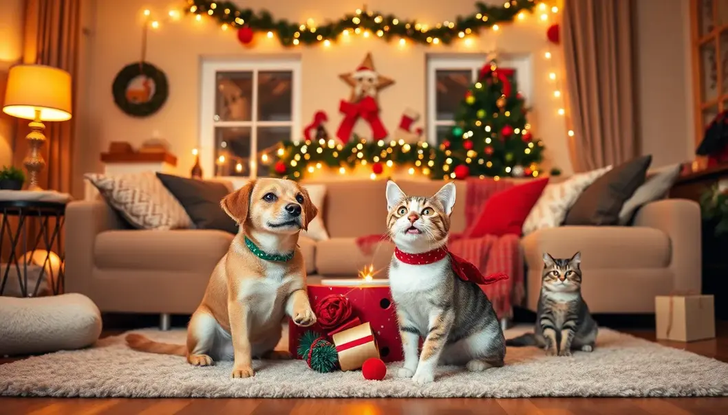 A decorated living room with holiday decor and pets playing.