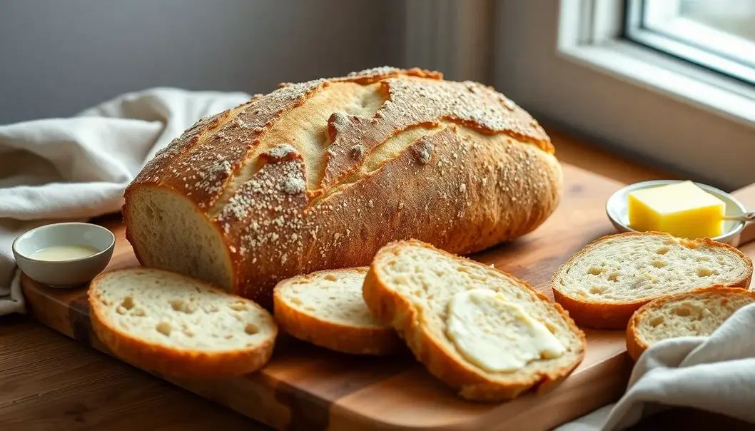 A loaf of artisanal bread with slices and butter, highlighting the results of homemade bread baking.