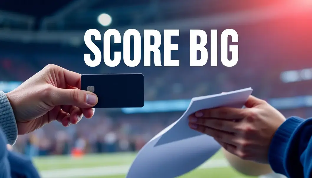 A sports fan analyzing a game strategy chart while holding a credit card.